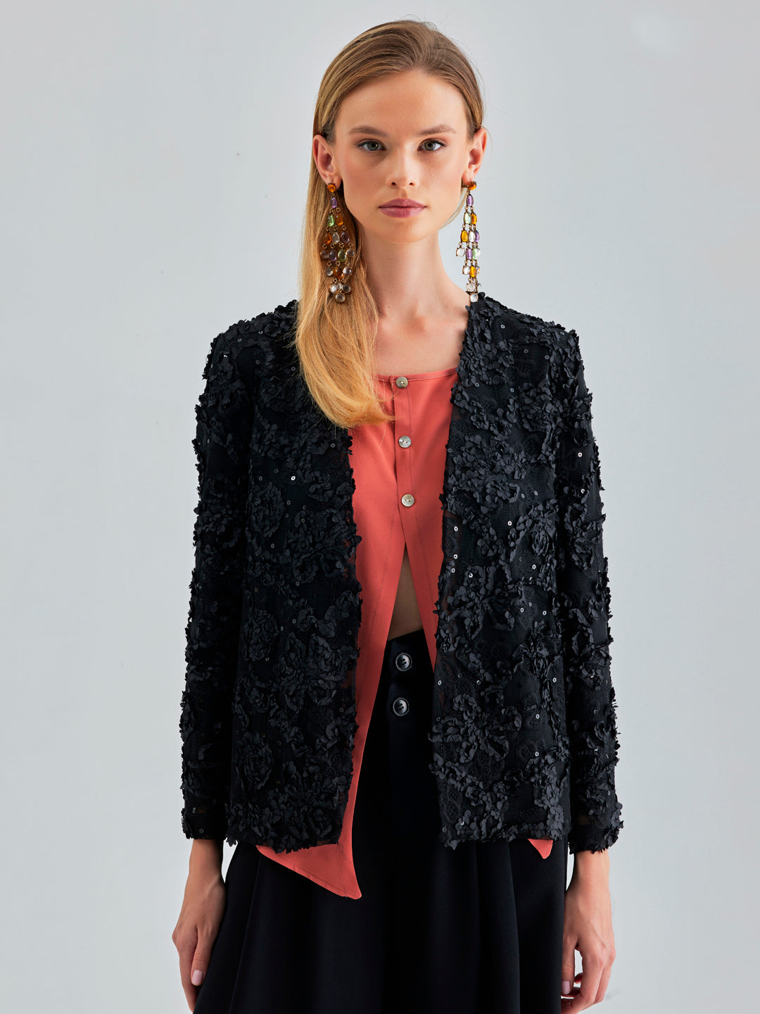 Fanny Jacket Black with exquisite floral detailing and sleek fabric